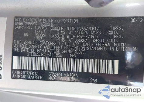 2013 Toyota 4Runner Sr5 z USA, uszkodzony, nr VIN JTEBU5JR4D5111856